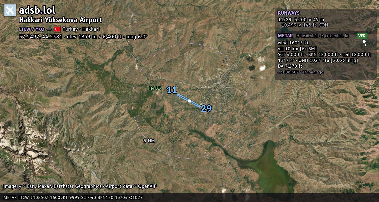 Satellite map with the runway layout of Hakkari Yüksekova Airport (LTCW)