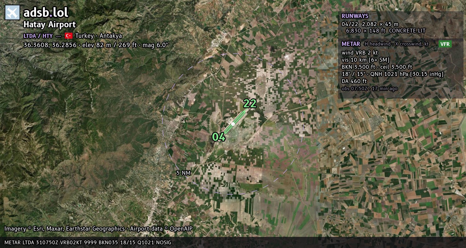 Satellite map with the runway layout of Hatay Airport (LTDA)