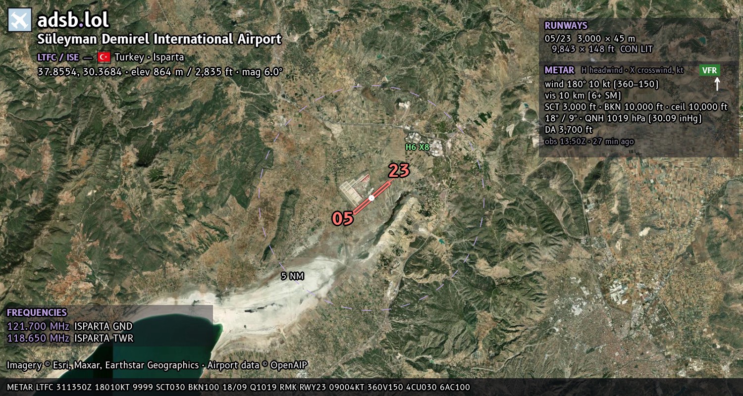 Satellite map with the runway layout of Süleyman Demirel International Airport (LTFC)