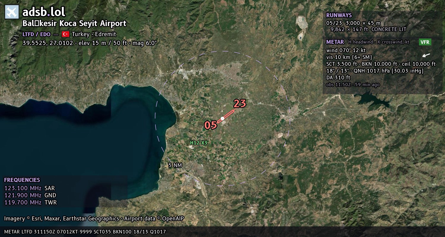 Satellite map with the runway layout of Balıkesir Koca Seyit Airport (LTFD)