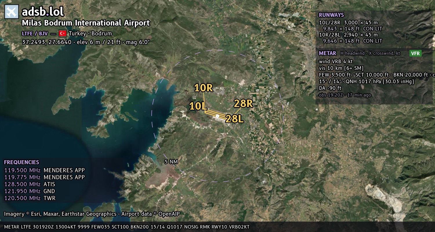 Satellite map with the runway layout of Milas Bodrum International Airport (LTFE)