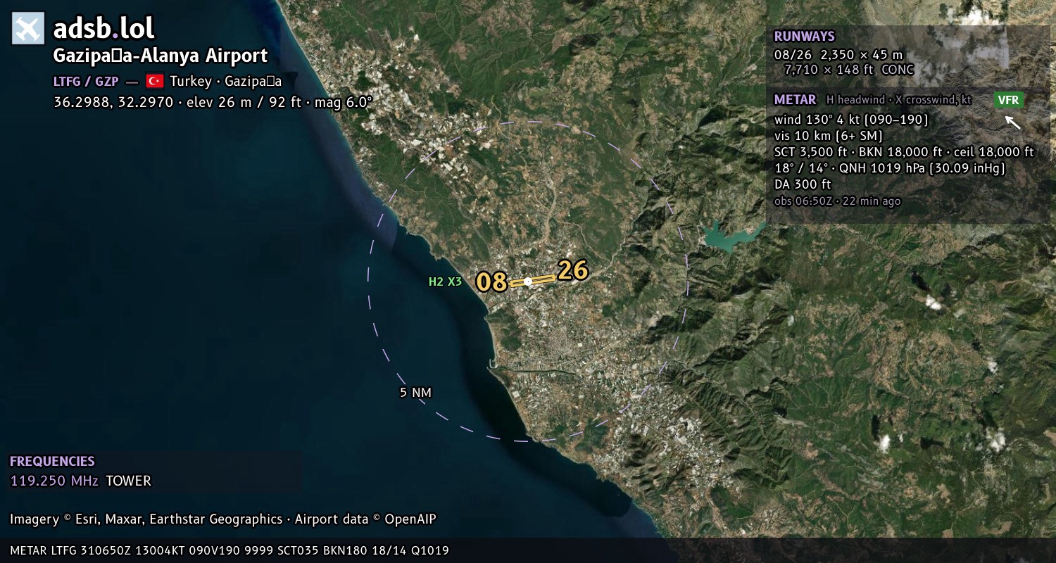 Satellite map with the runway layout of Gazipaşa-Alanya Airport (LTFG)