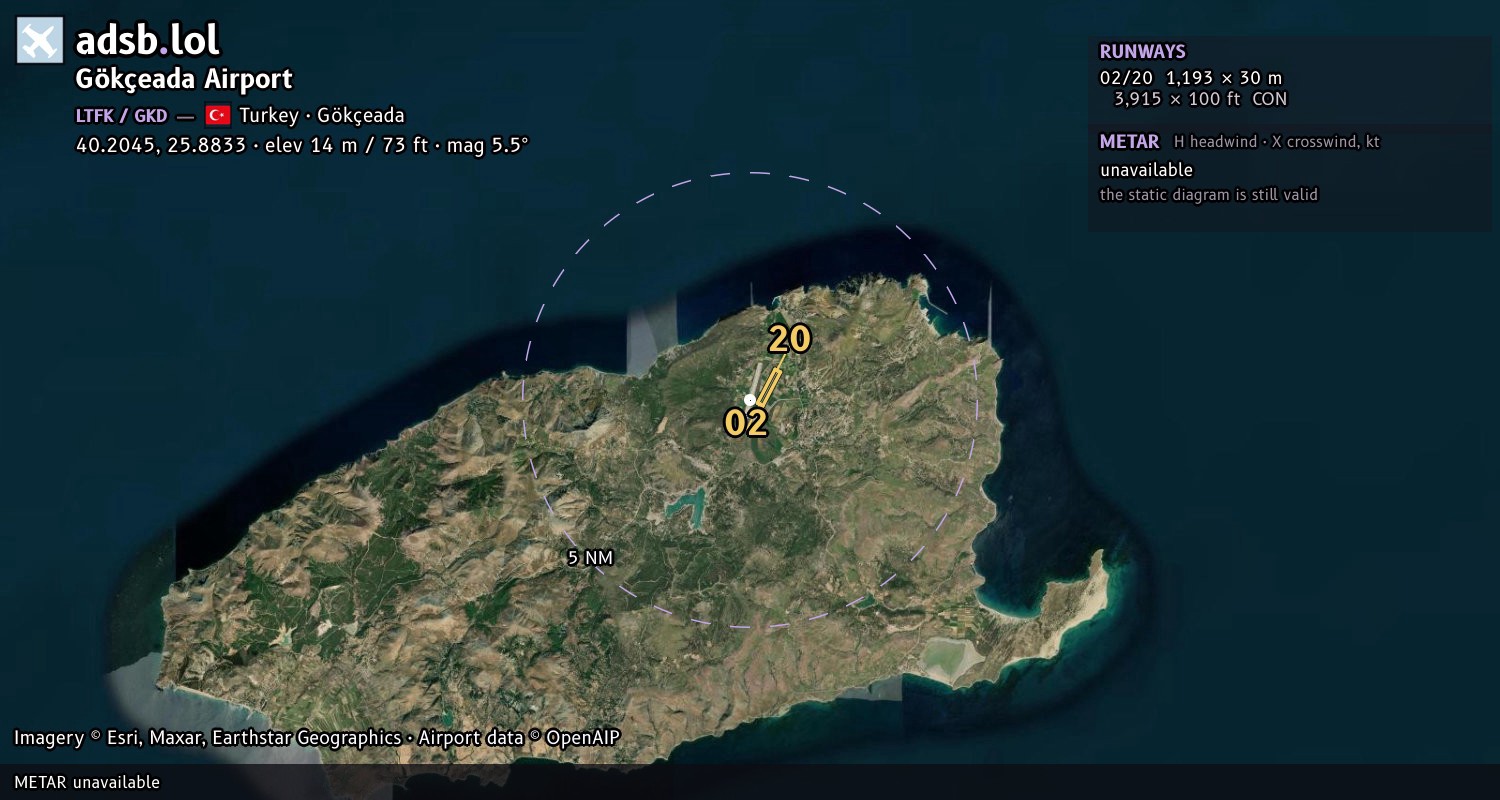 Satellite map with the runway layout of Gökçeada Airport (LTFK)