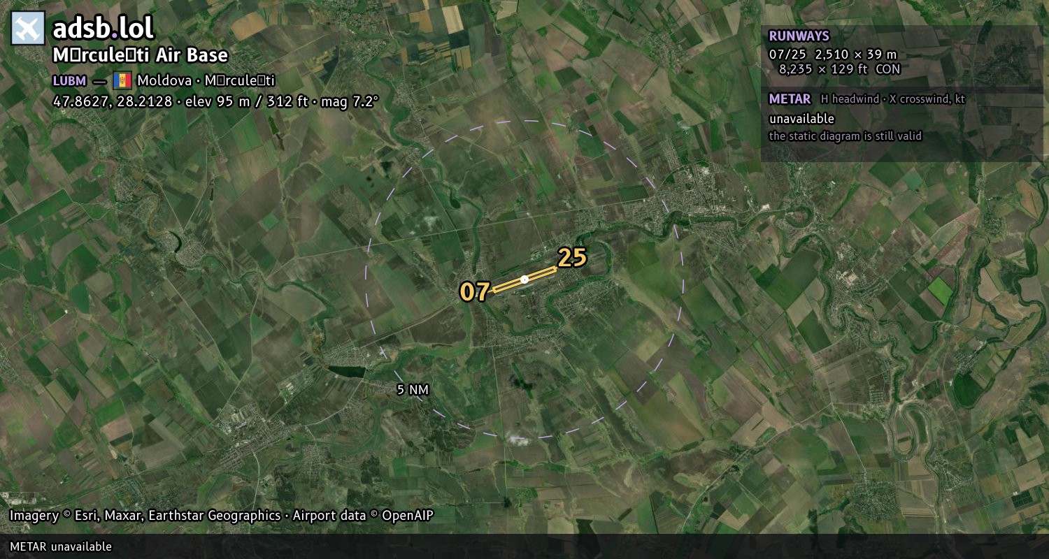 Satellite map with the runway layout of Mărculești Air Base (LUBM)