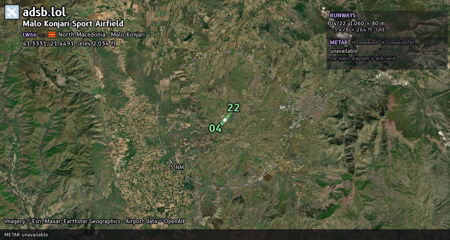Satellite map with the runway layout of Malo Konjari Sport Airfield (LW66)