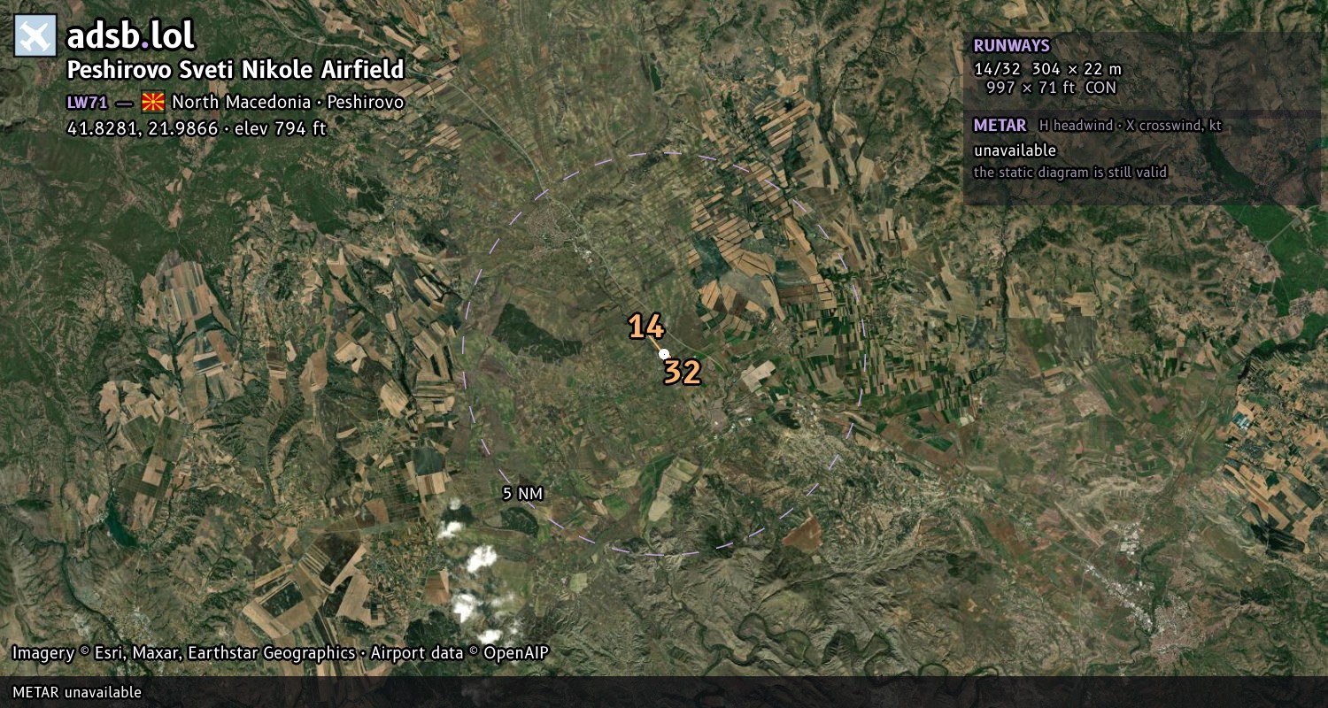 Satellite map with the runway layout of Peshirovo Sveti Nikole Airfield (LW71)