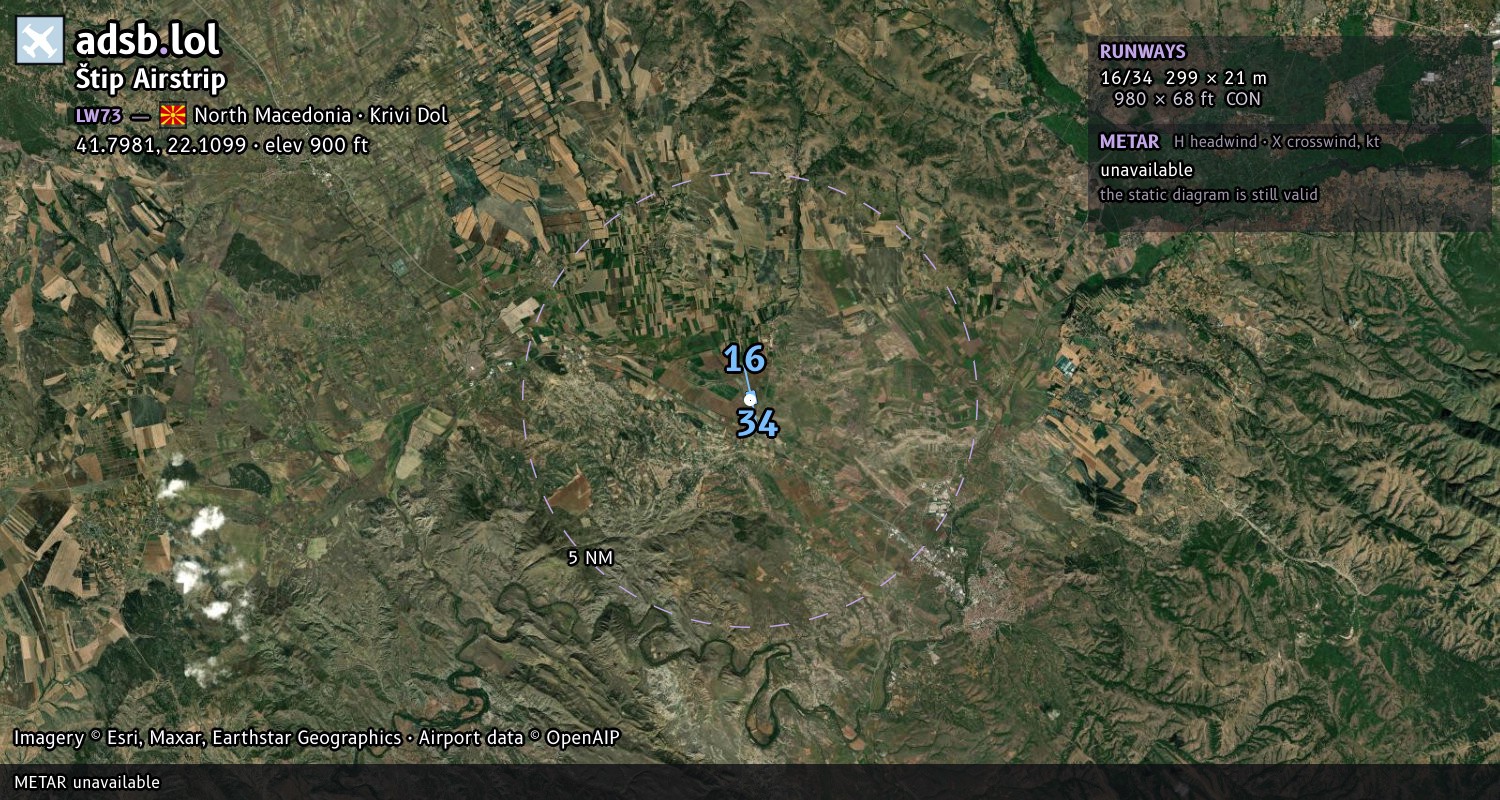 Satellite map with the runway layout of Štip Airstrip (LW73)