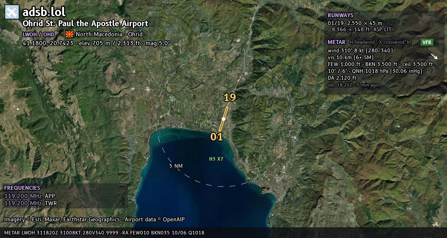 Satellite map with the runway layout of Ohrid St. Paul the Apostle Airport (LWOH)