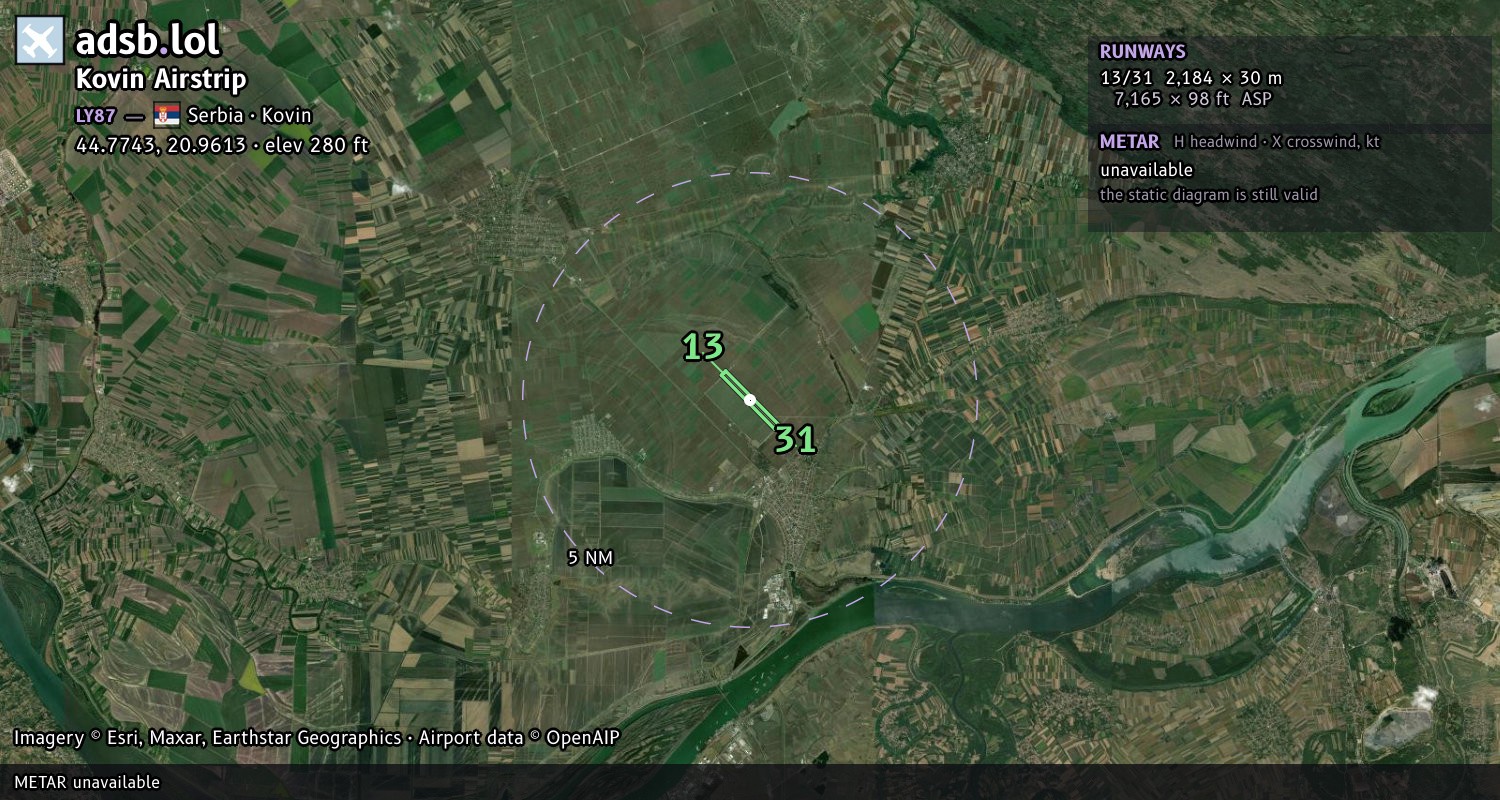 Satellite map with the runway layout of Kovin Airstrip (LY87)