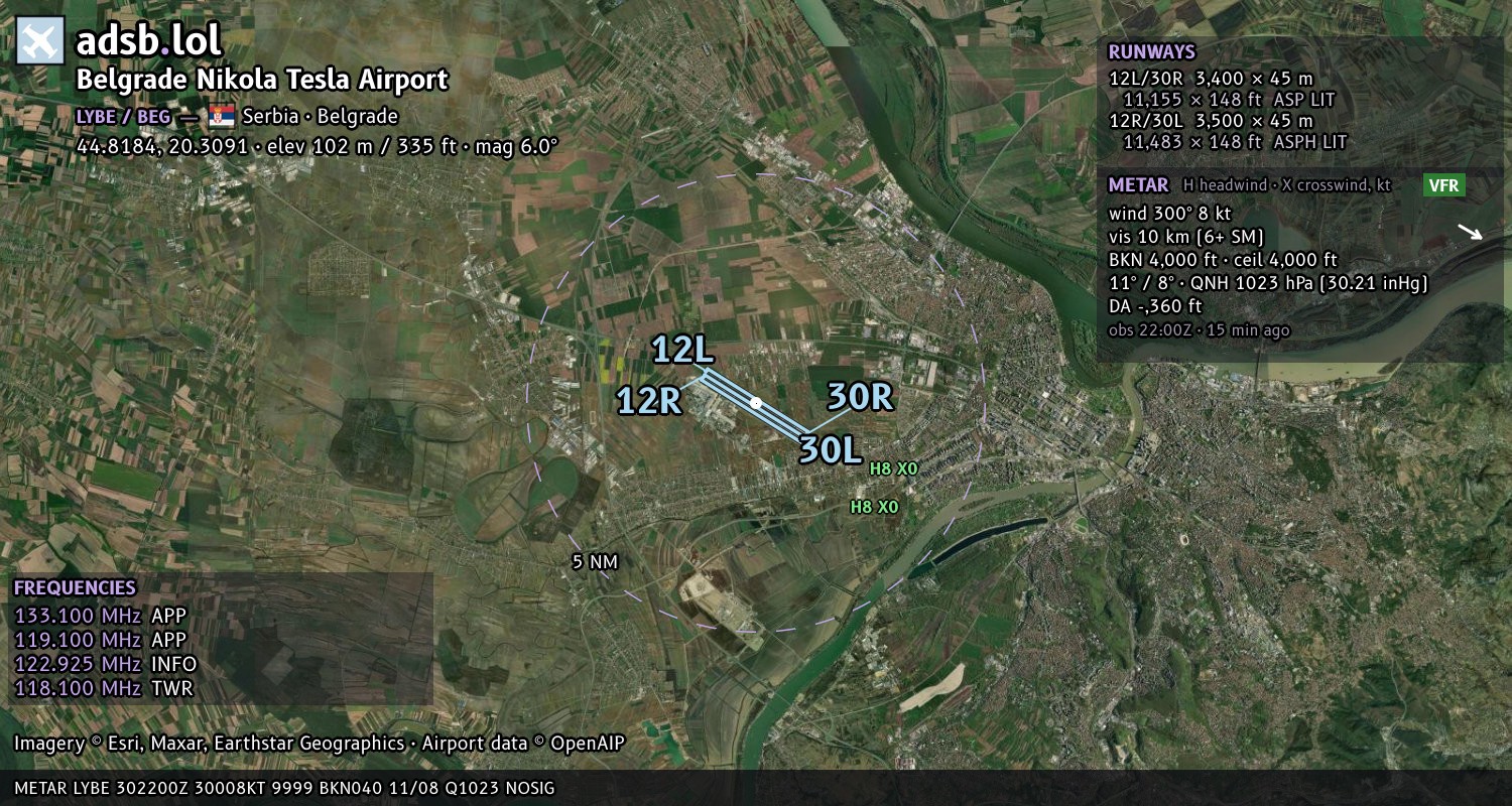 Satellite map with the runway layout of Belgrade Nikola Tesla Airport (LYBE)