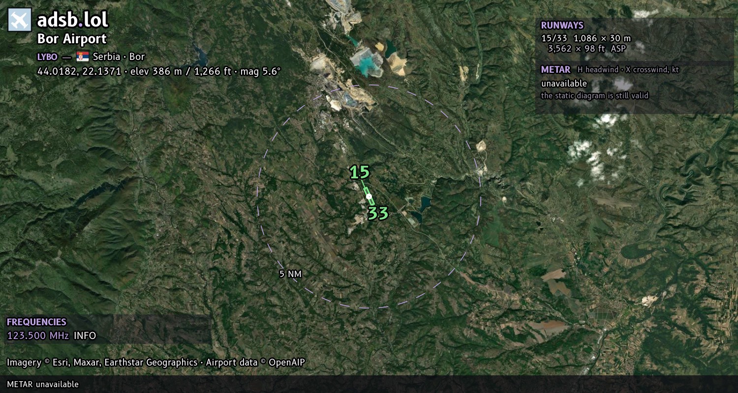 Satellite map with the runway layout of Bor Airport (LYBO)