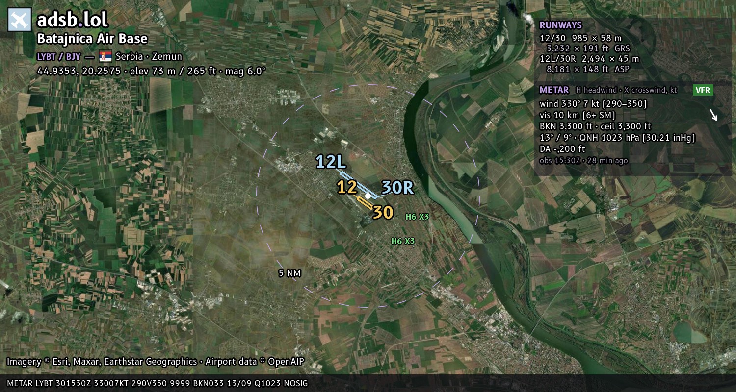 Satellite map with the runway layout of Batajnica Air Base (LYBT)