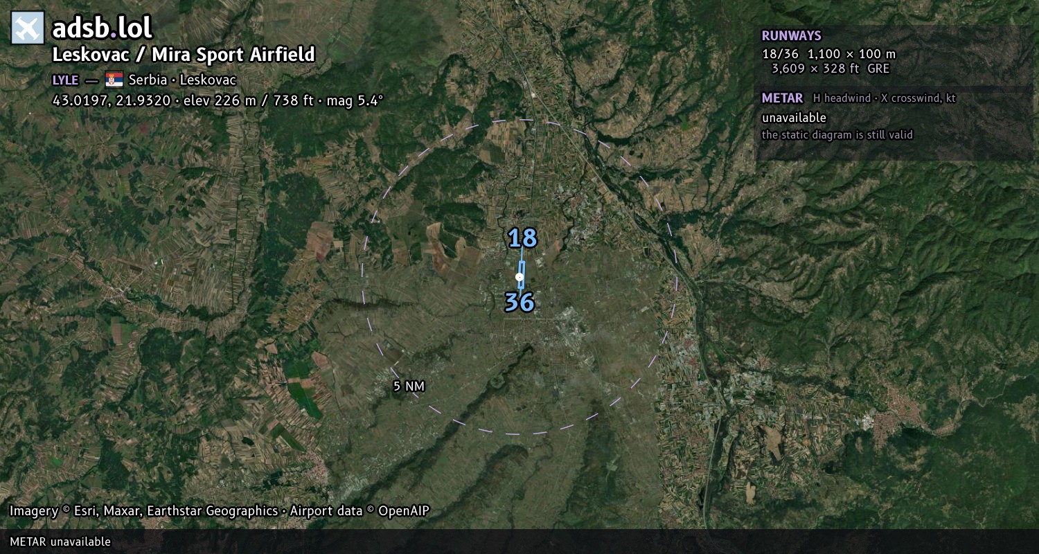 Satellite map with the runway layout of Leskovac / Mira Sport Airfield (LYLE)