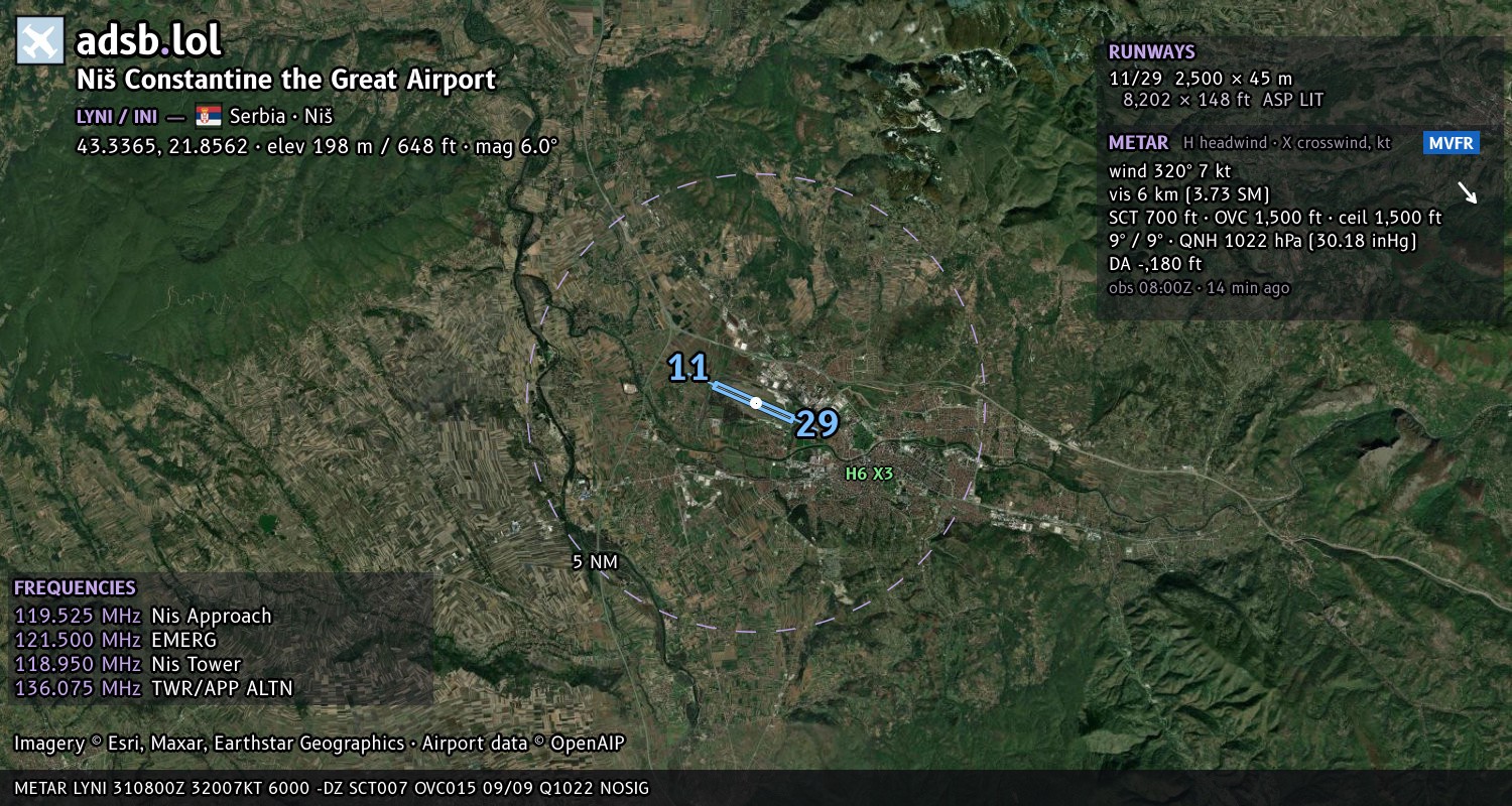 Satellite map with the runway layout of Niš Constantine the Great Airport (LYNI)