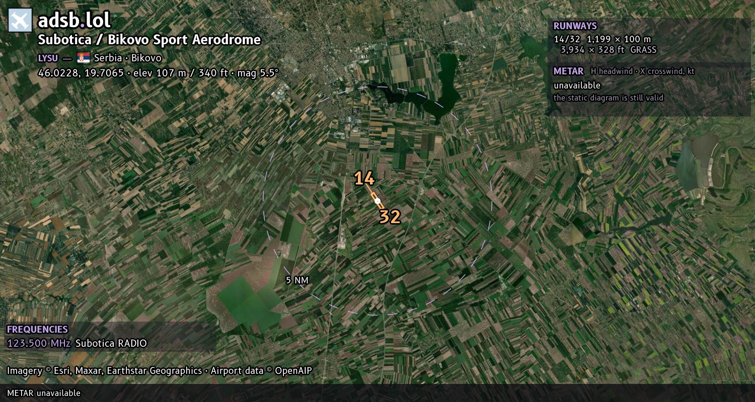 Satellite map with the runway layout of Subotica / Bikovo Sport Aerodrome (LYSU)