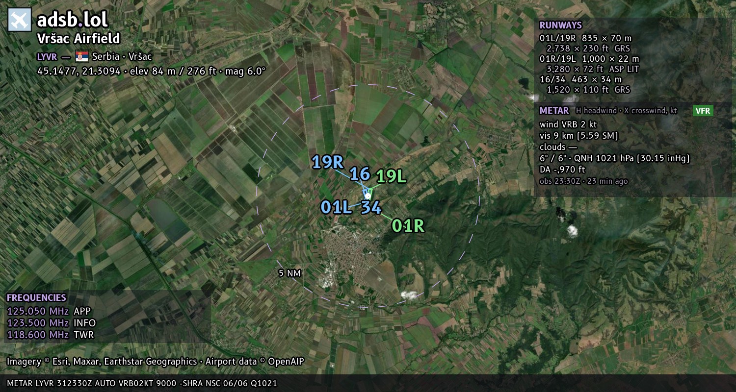 Satellite map with the runway layout of Vršac Airfield (LYVR)