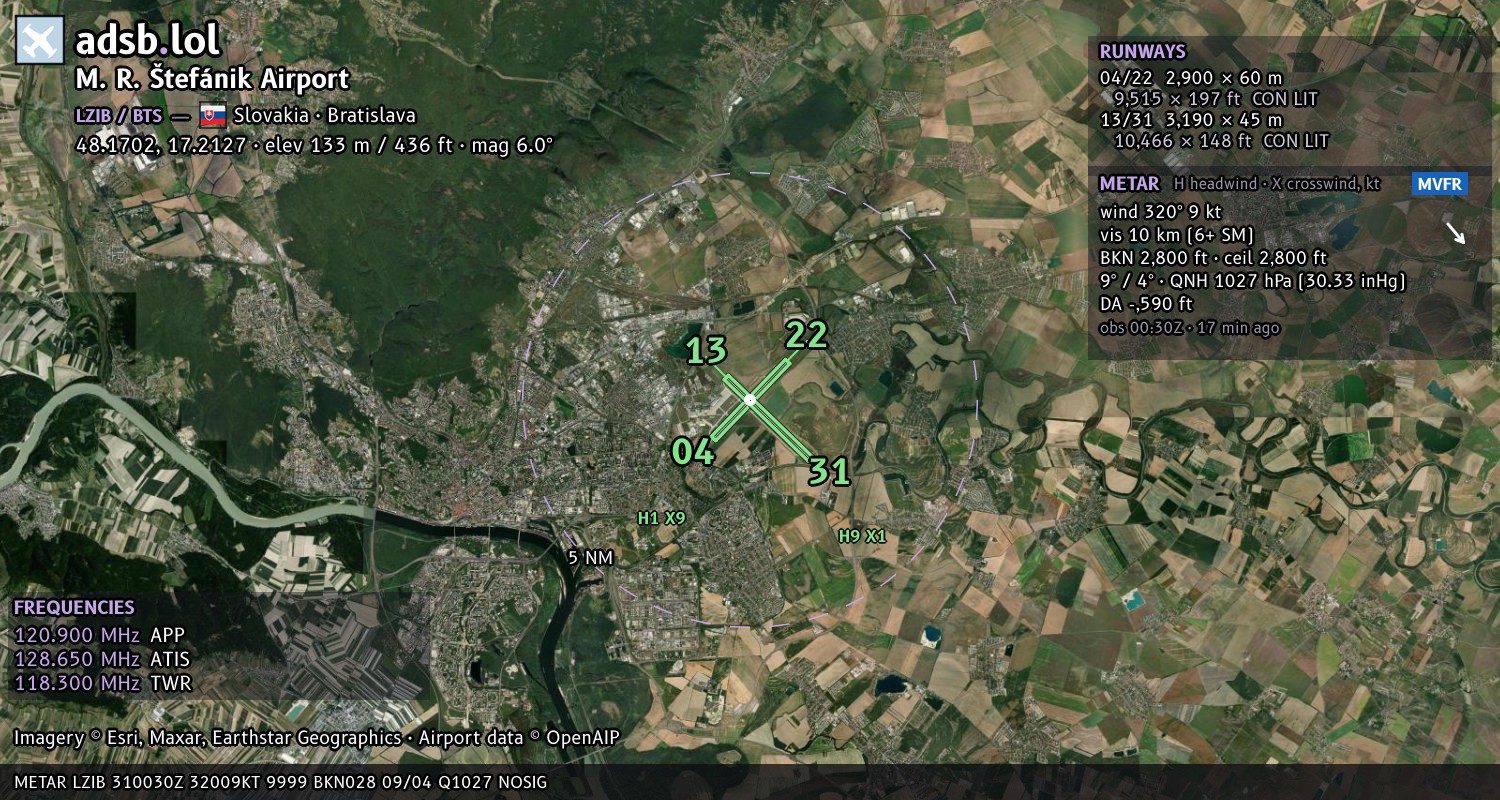 Satellite map with the runway layout of M. R. Štefánik Airport (LZIB)
