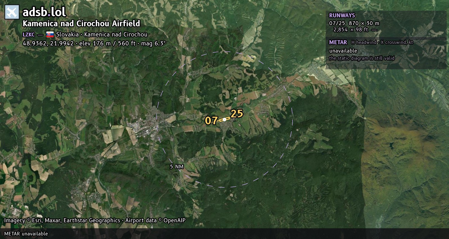 Satellite map with the runway layout of Kamenica nad Cirochou Airfield (LZKC)