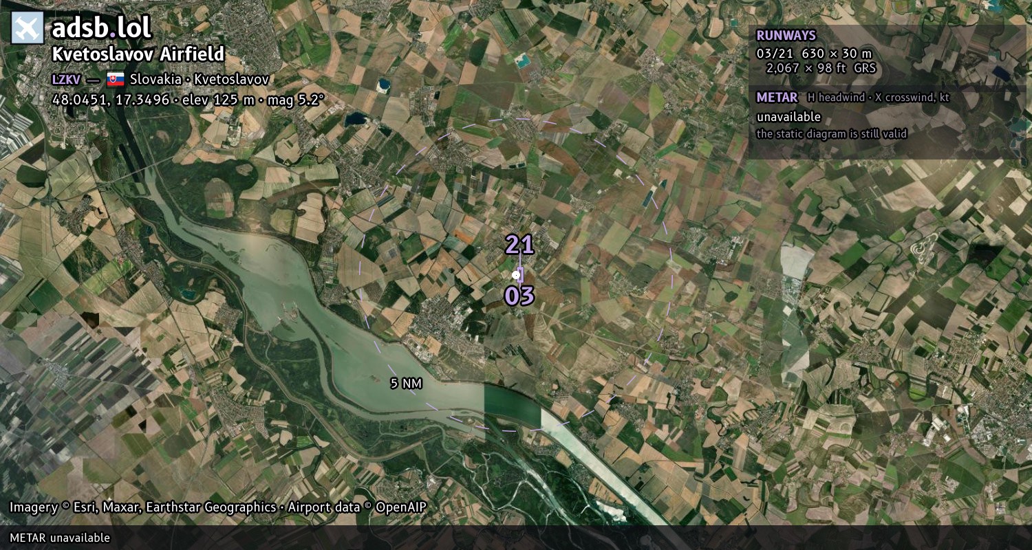 Satellite map with the runway layout of Kvetoslavov Airfield (LZKV)