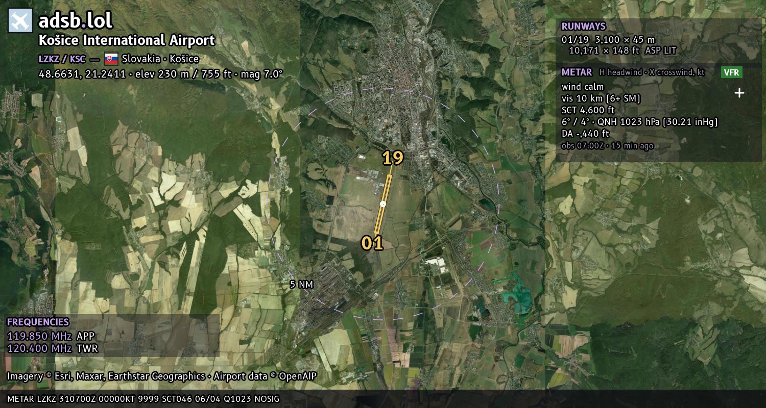 Satellite map with the runway layout of Košice International Airport (LZKZ)