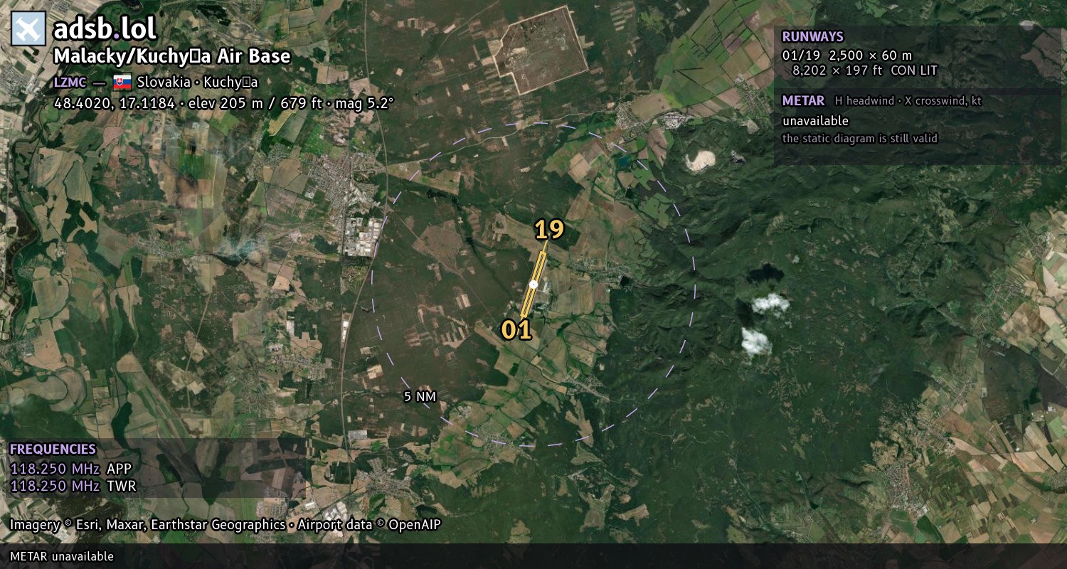 Satellite map with the runway layout of Malacky/Kuchyňa Air Base (LZMC)