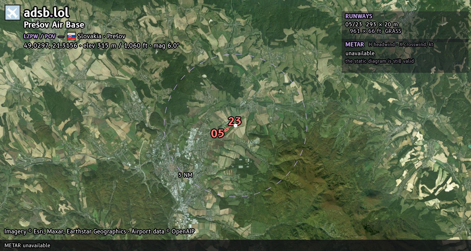 Satellite map with the runway layout of Prešov Air Base (LZPW)