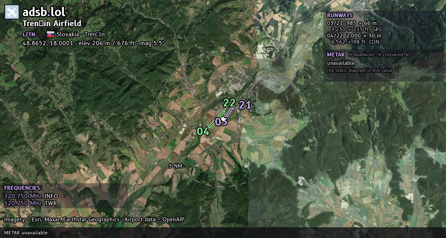 Satellite map with the runway layout of Trenčín Airfield (LZTN)