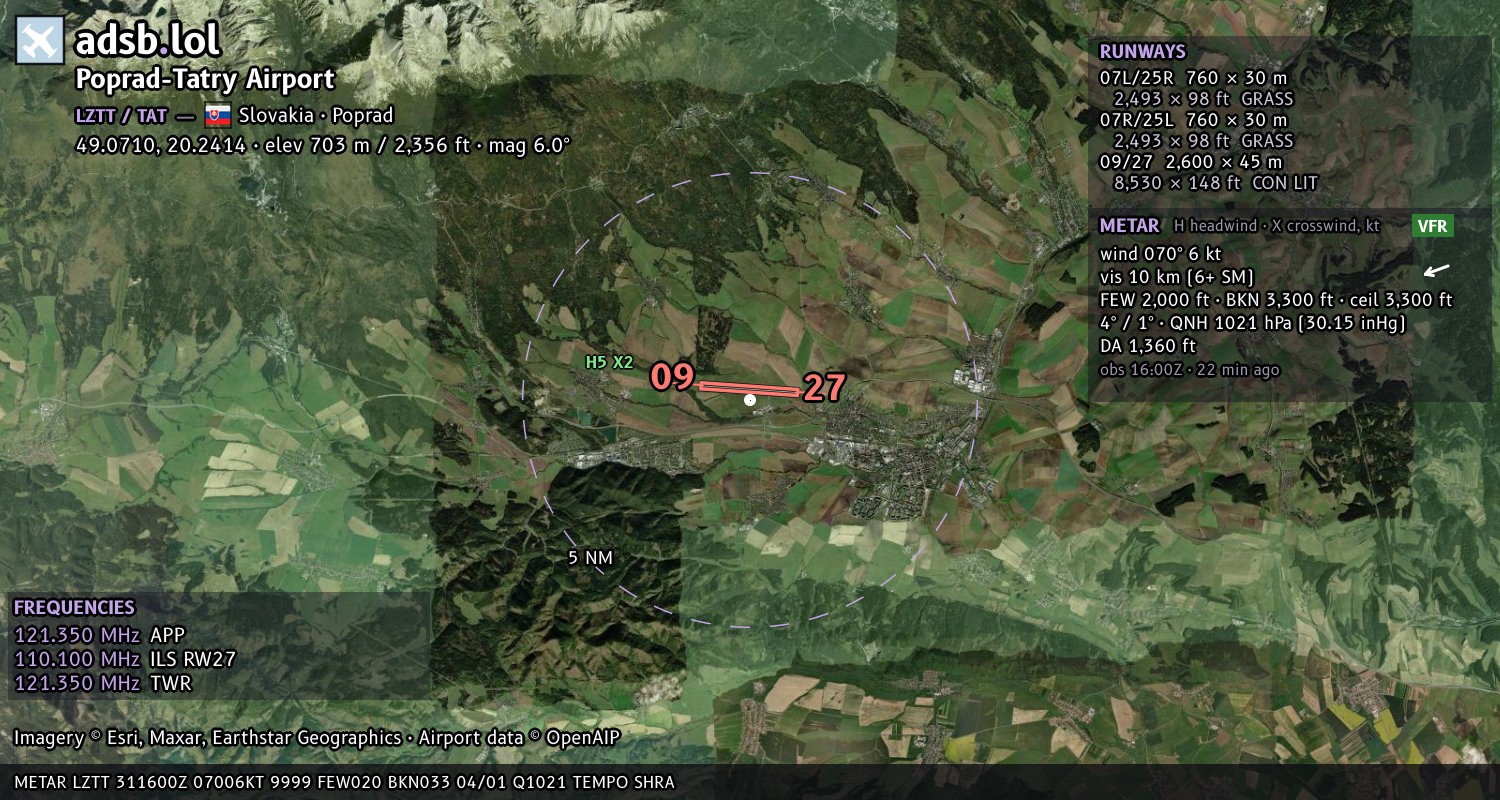 Satellite map with the runway layout of Poprad-Tatry Airport (LZTT)