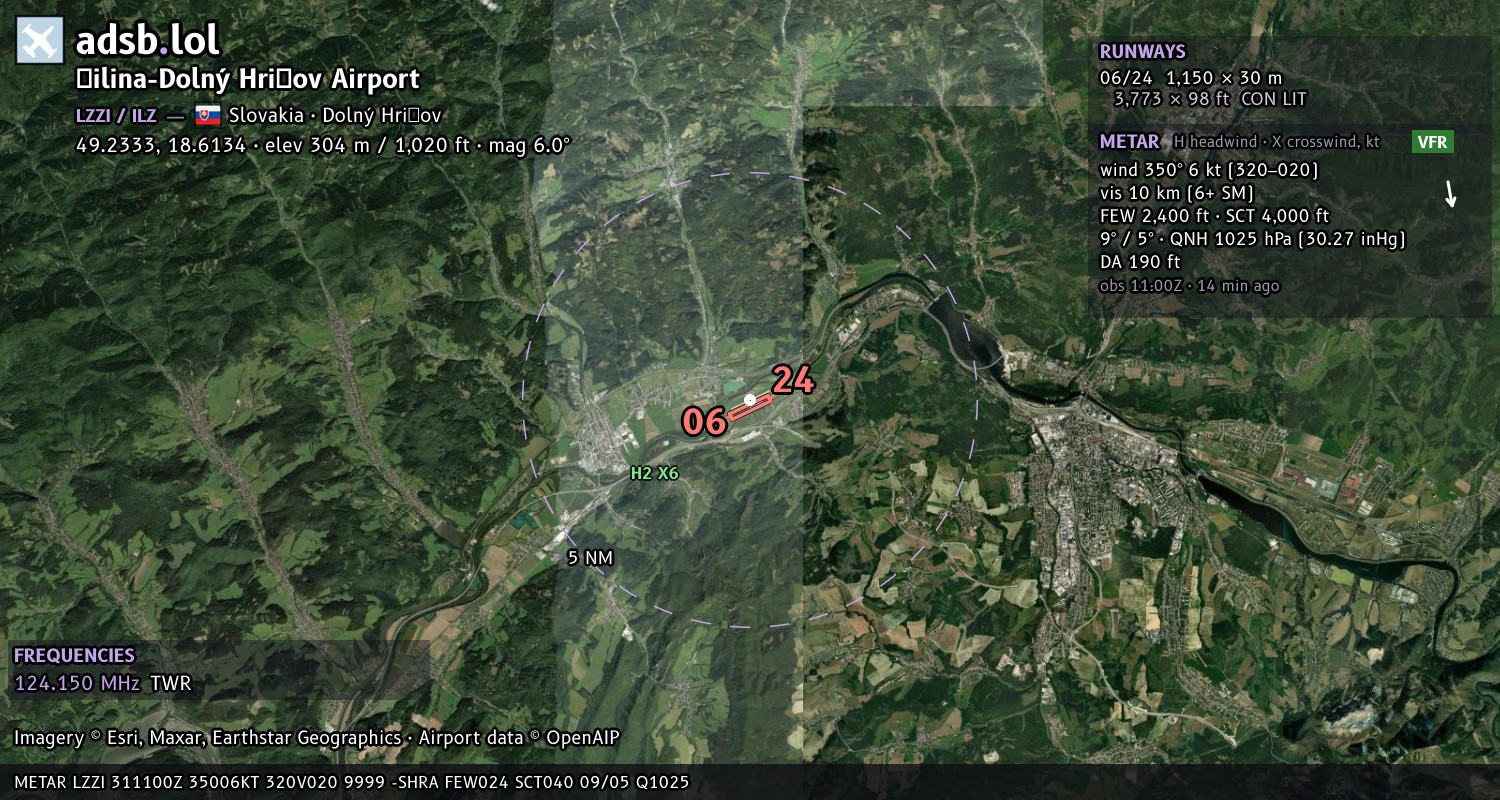 Satellite map with the runway layout of Žilina-Dolný Hričov Airport (LZZI)