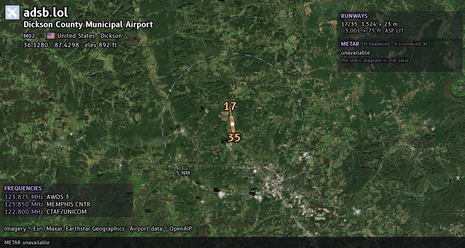 Satellite map with the runway layout of Dickson County Municipal Airport (M02)
