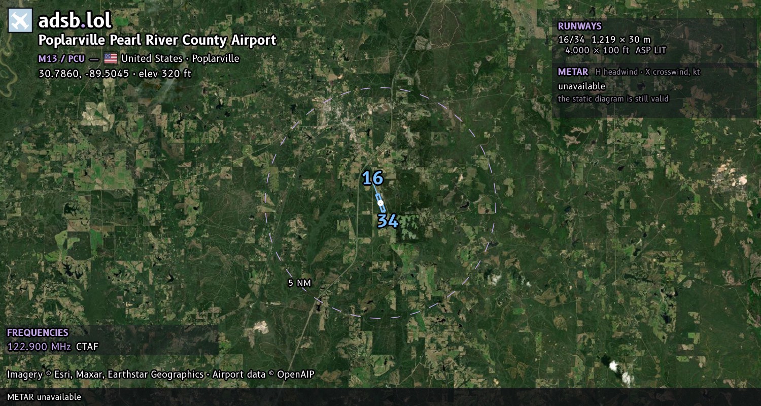 Satellite map with the runway layout of Poplarville Pearl River County Airport (M13)