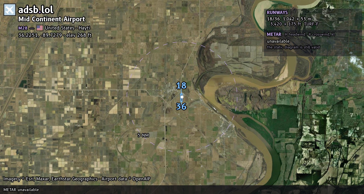 Satellite map with the runway layout of Mid Continent Airport (M28)