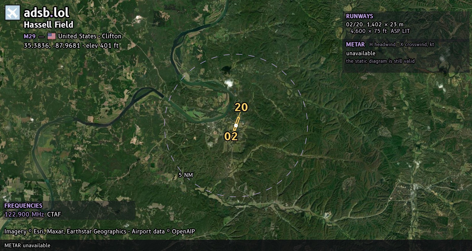 Satellite map with the runway layout of Hassell Field (M29)