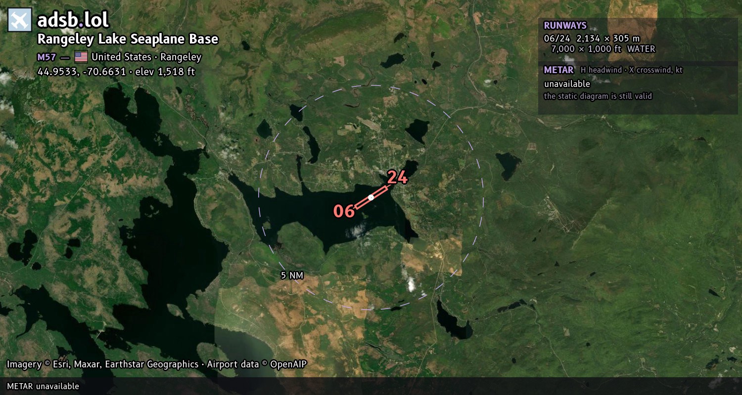 Satellite map with the runway layout of Rangeley Lake Seaplane Base (M57)