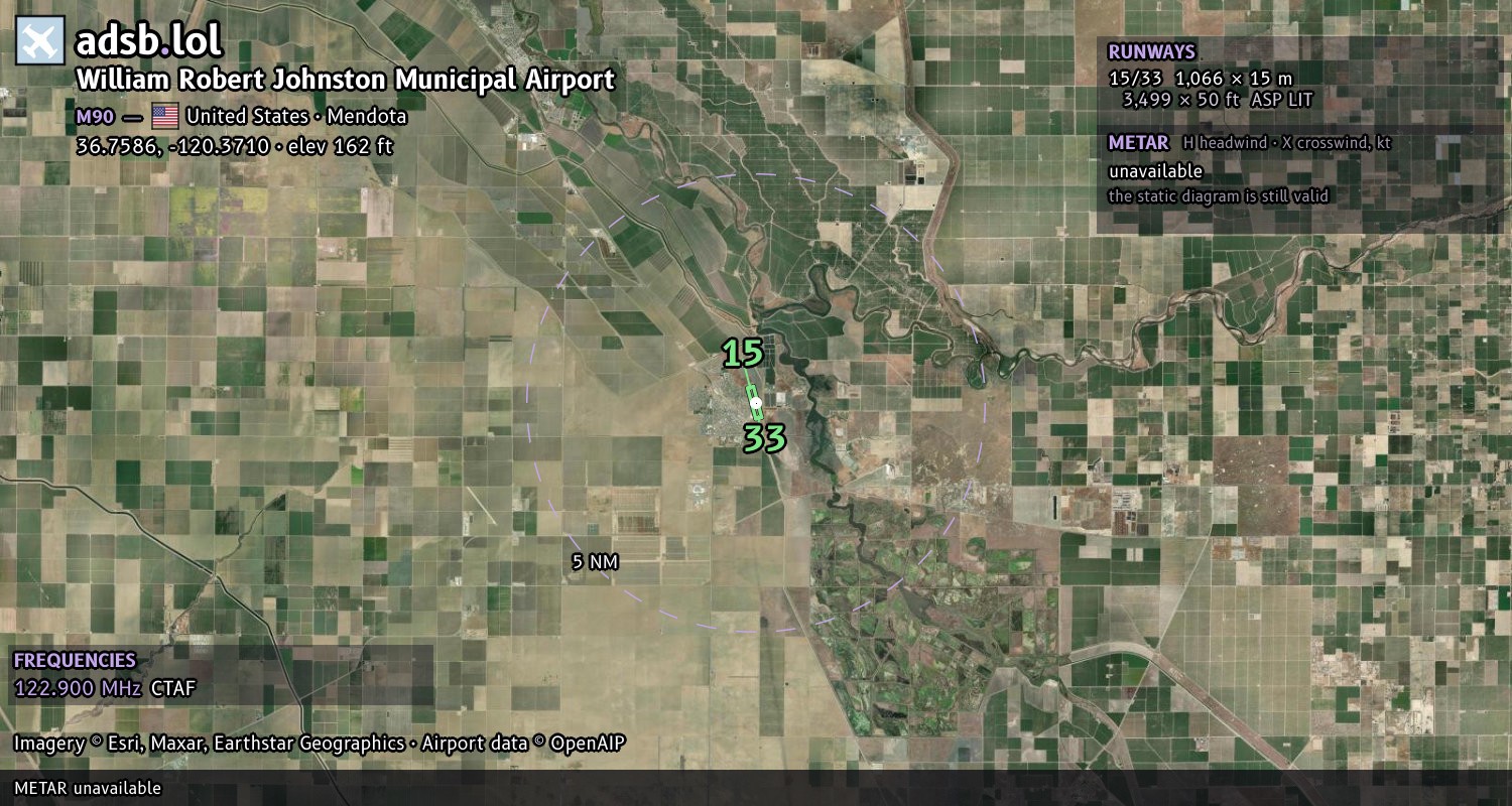 Satellite map with the runway layout of William Robert Johnston Municipal Airport (M90)