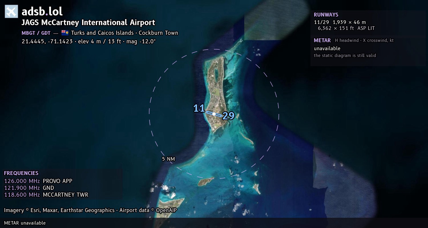 Satellite map with the runway layout of JAGS McCartney International Airport (MBGT)