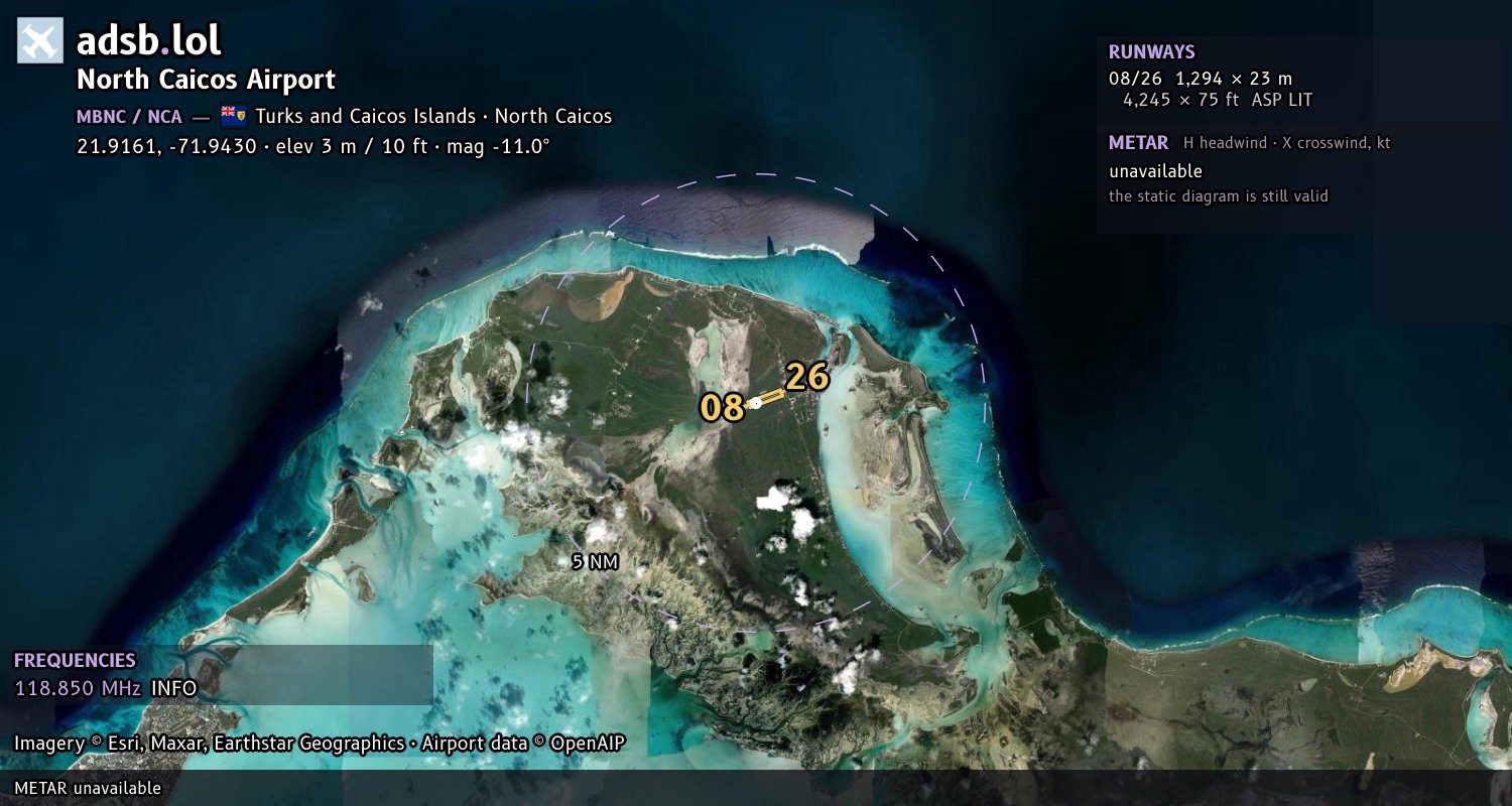 Satellite map with the runway layout of North Caicos Airport (MBNC)