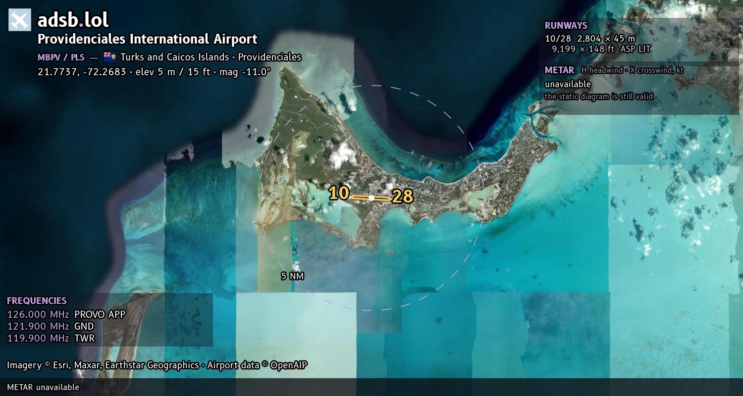 Satellite map with the runway layout of Providenciales International Airport (MBPV)