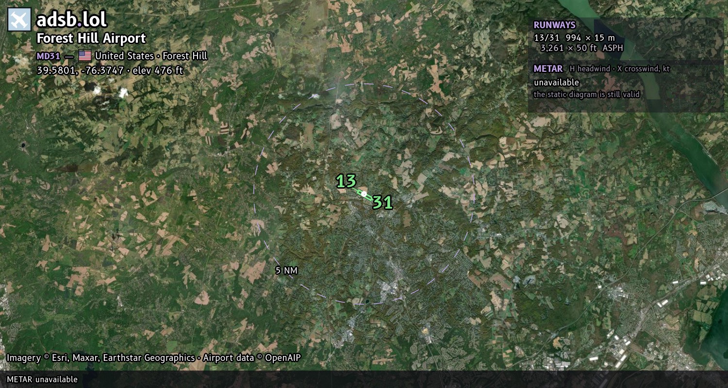Satellite map with the runway layout of Forest Hill Airport (MD31)