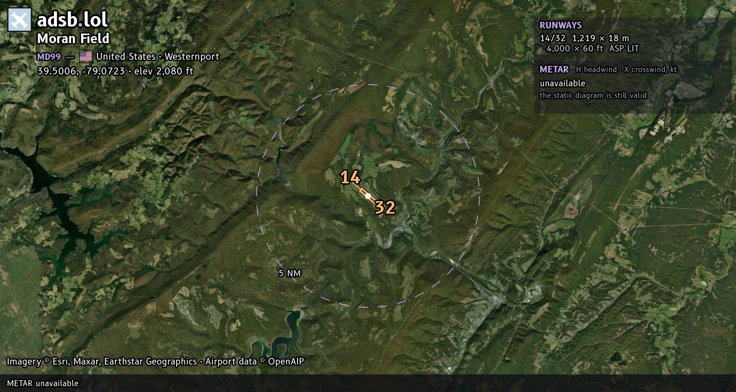 Satellite map with the runway layout of Moran Field (MD99)