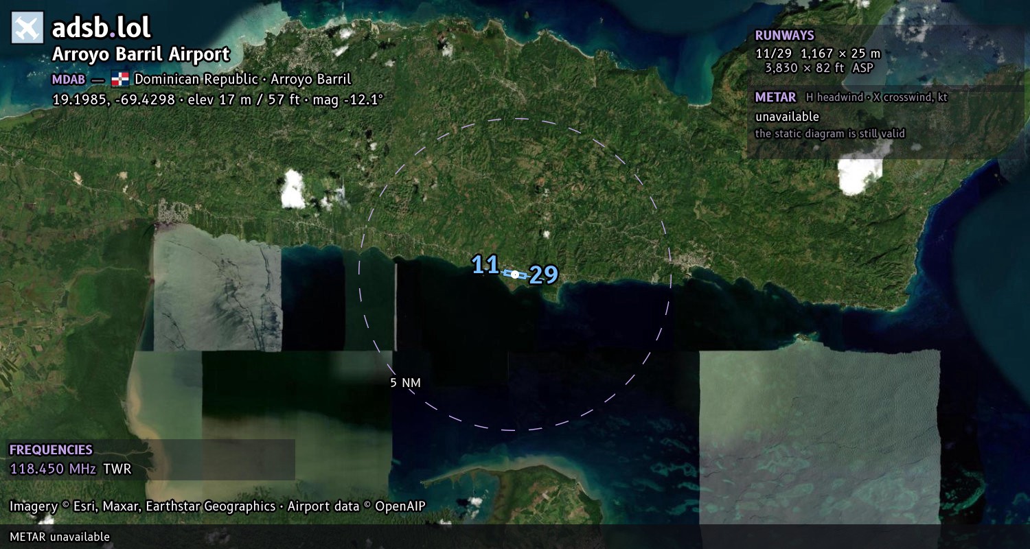 Satellite map with the runway layout of Arroyo Barril Airport (MDAB)
