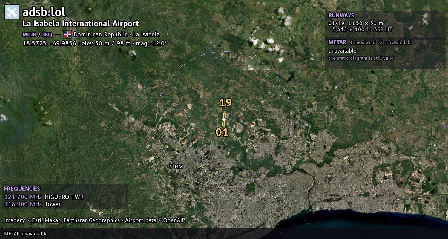 Satellite map with the runway layout of La Isabela International Airport (MDJB)
