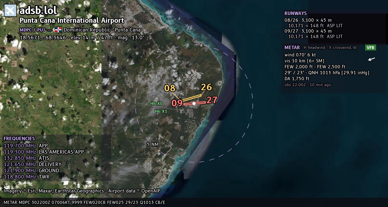 Satellite map with the runway layout of Punta Cana International Airport (MDPC)