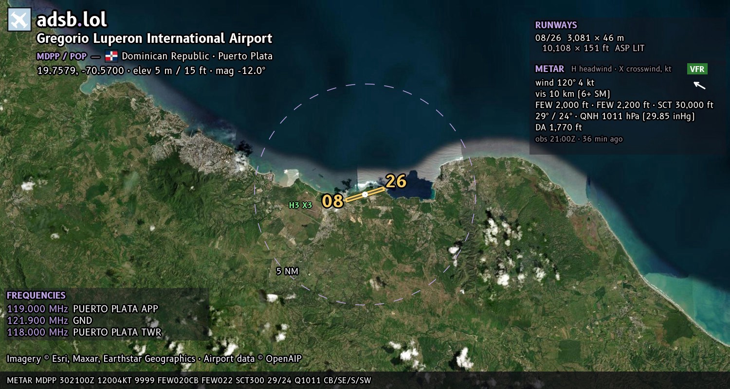 Satellite map with the runway layout of Gregorio Luperon International Airport (MDPP)
