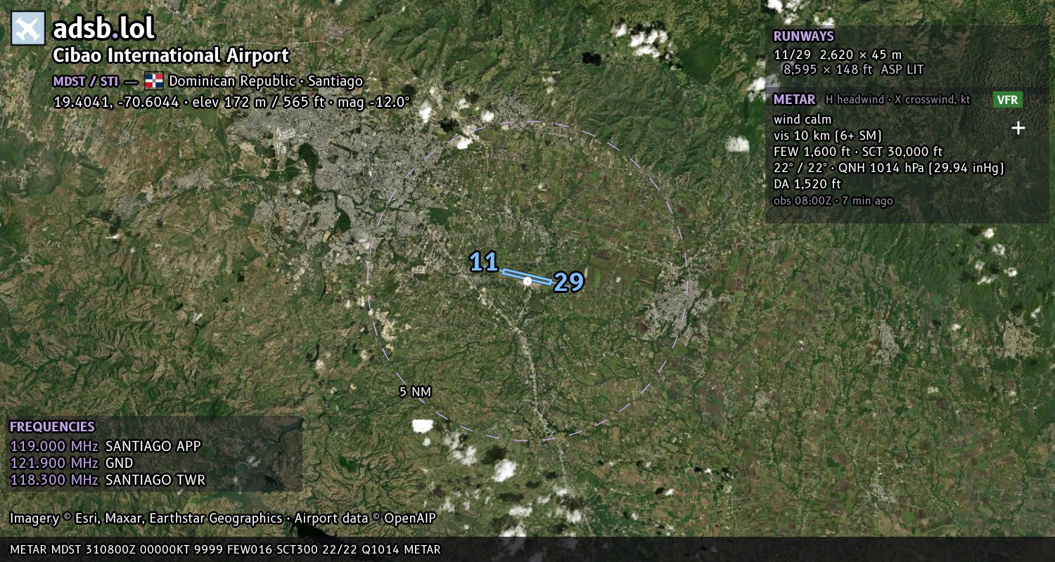 Satellite map with the runway layout of Cibao International Airport (MDST)