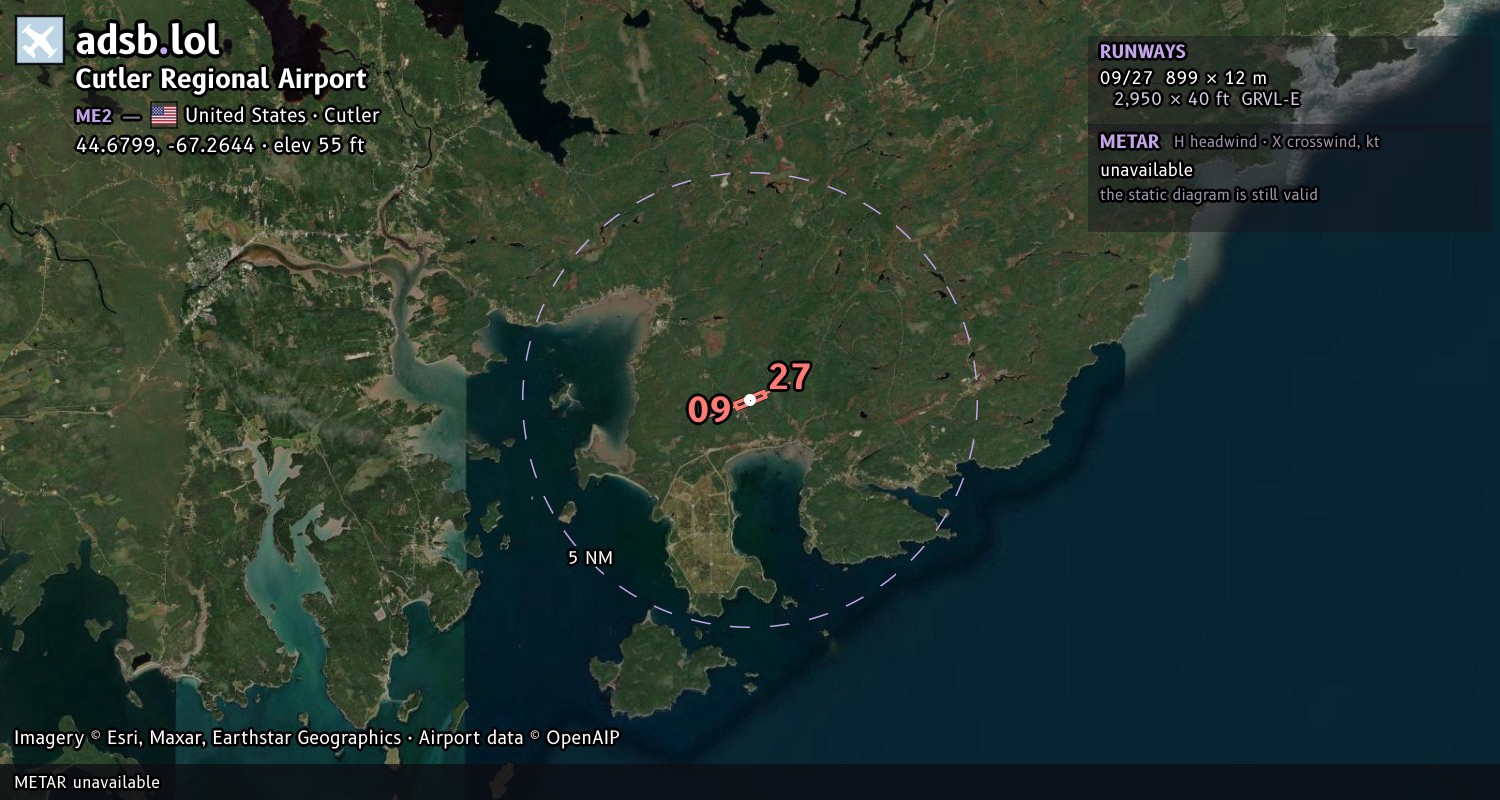 Satellite map with the runway layout of Cutler Regional Airport (ME2)