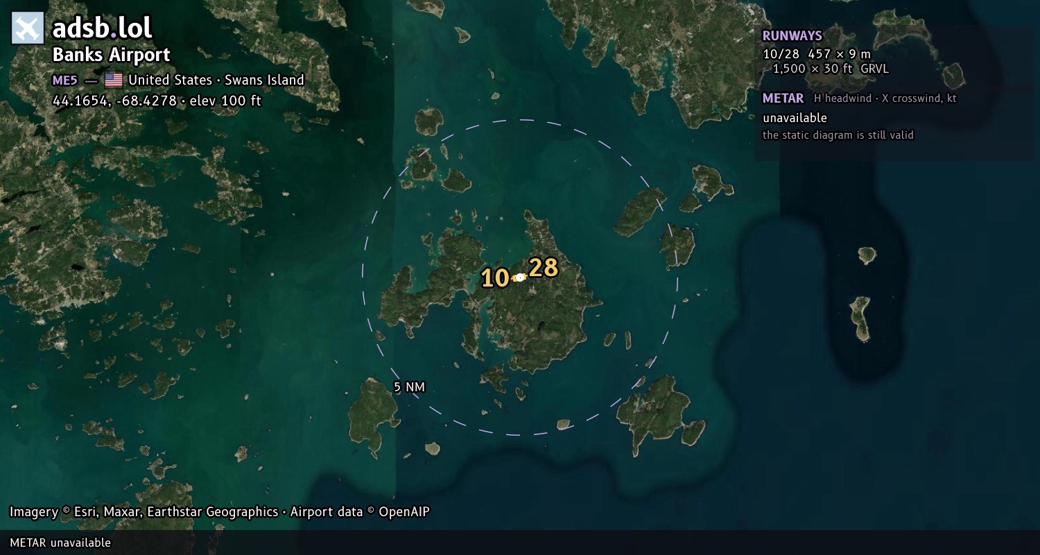 Satellite map with the runway layout of Banks Airport (ME5)