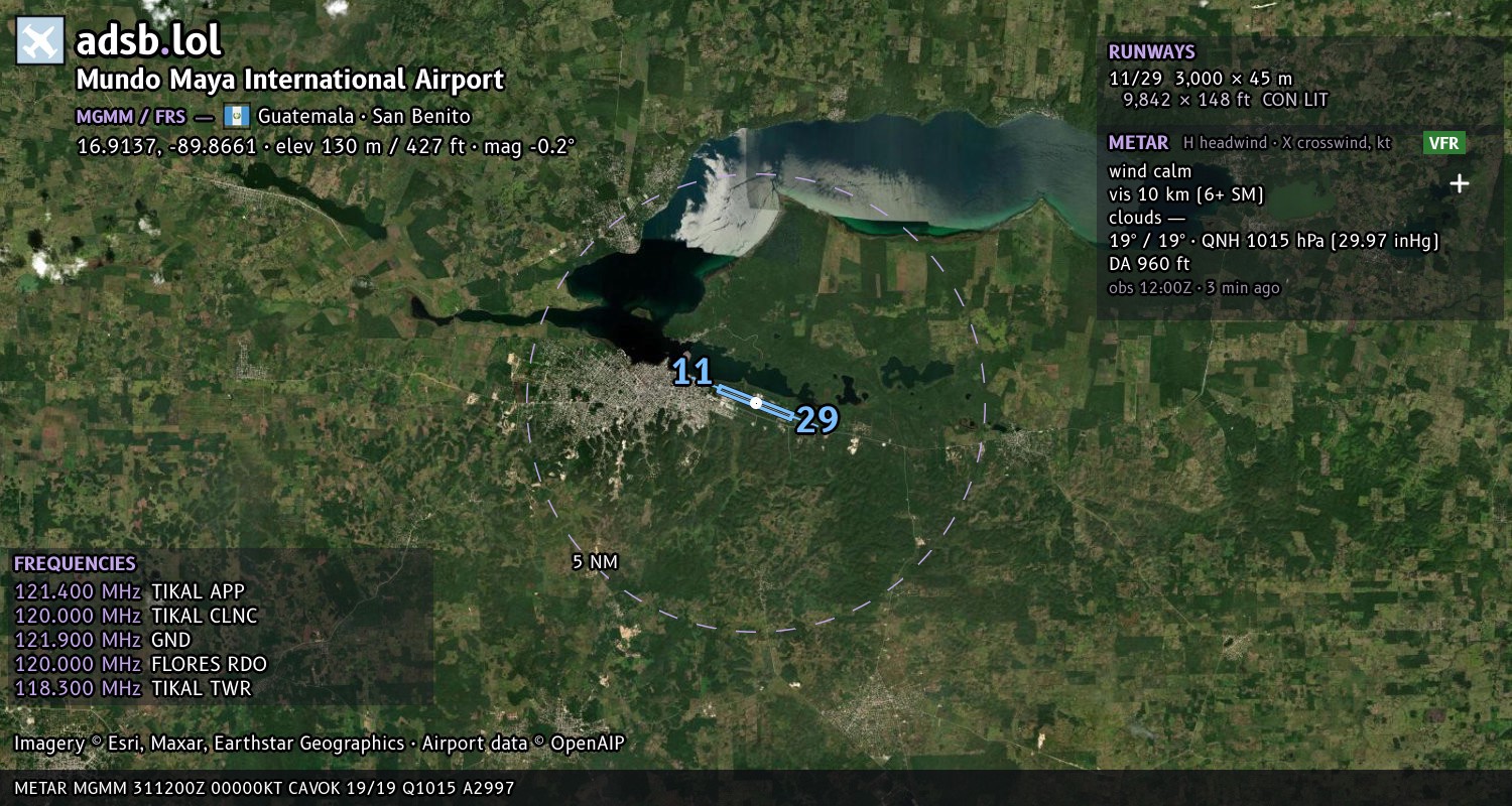 Satellite map with the runway layout of Mundo Maya International Airport (MGMM)