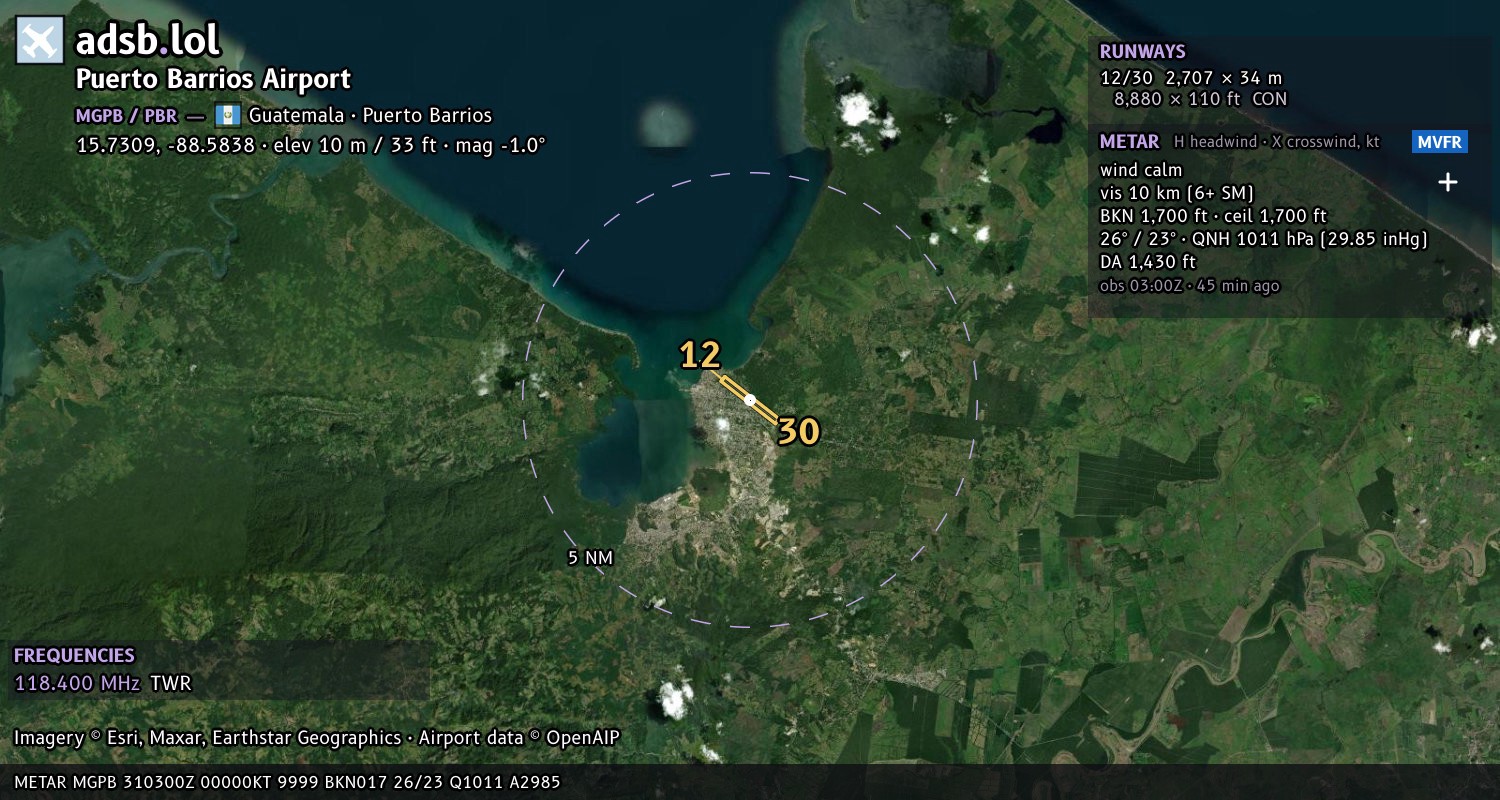 Satellite map with the runway layout of Puerto Barrios Airport (MGPB)