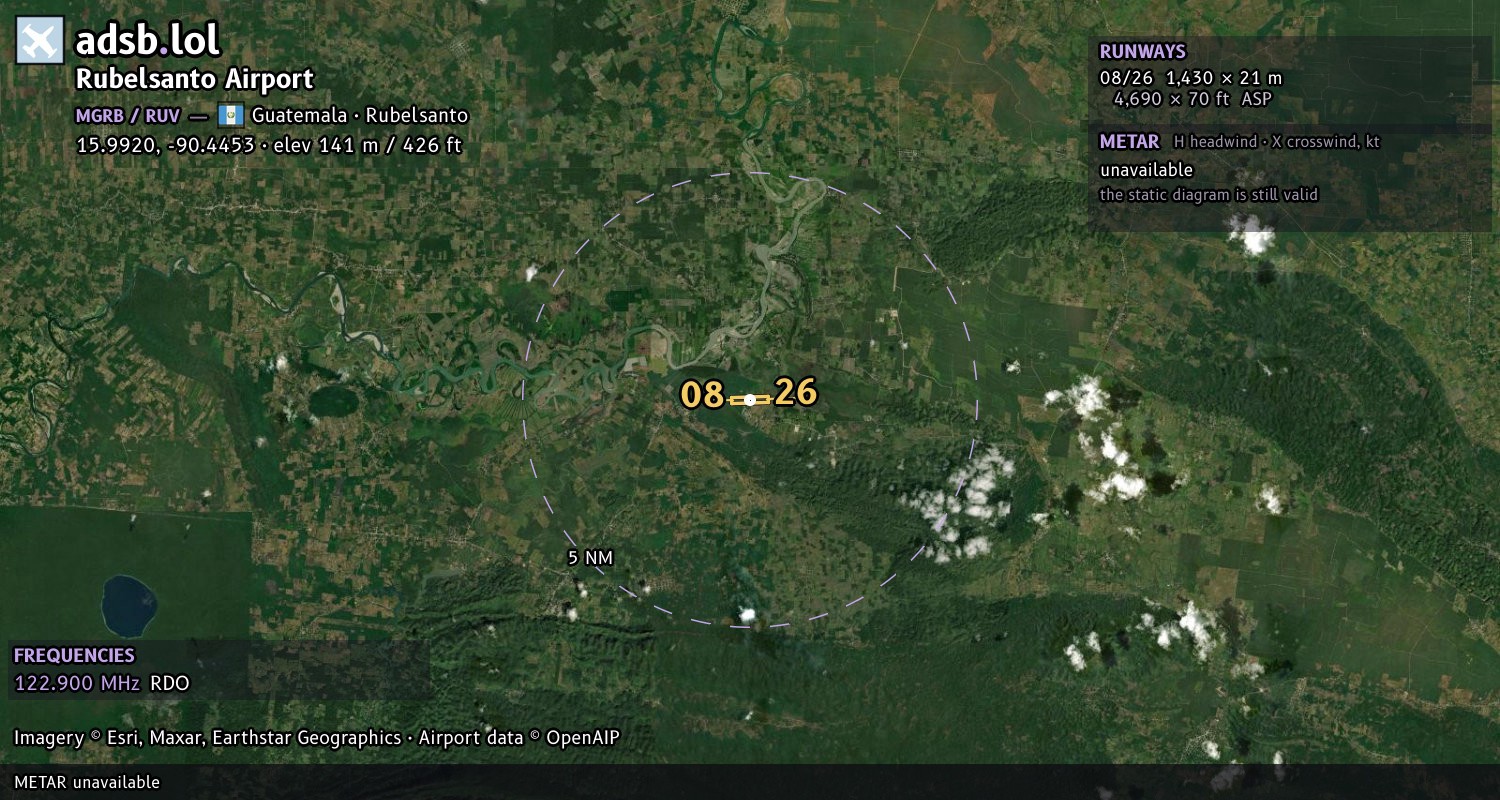 Satellite map with the runway layout of Rubelsanto Airport (MGRB)